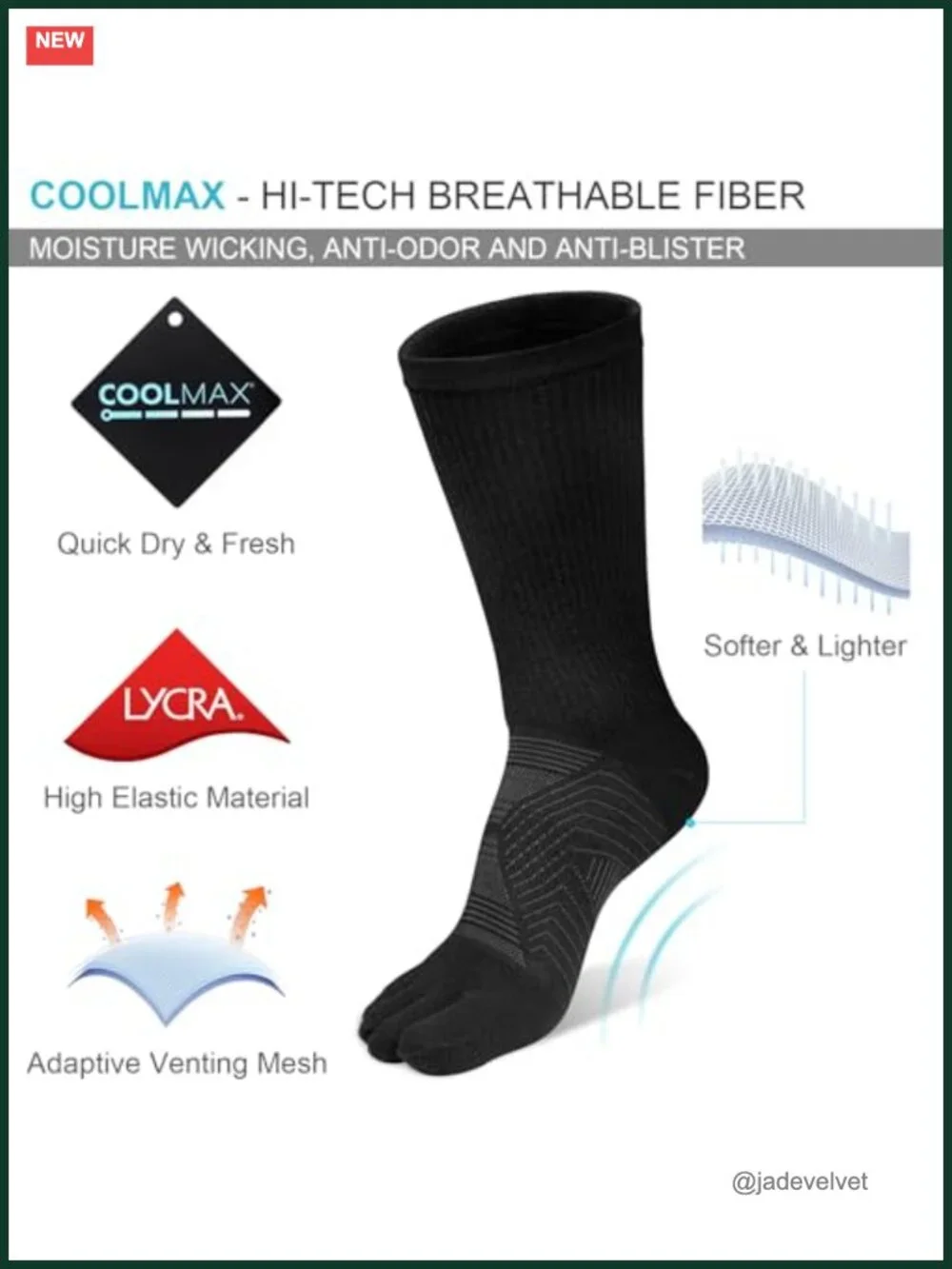 Coolmax Mid-Calf Toe Socks for Running Athletic Breathable Quick Dry 3 Pairs